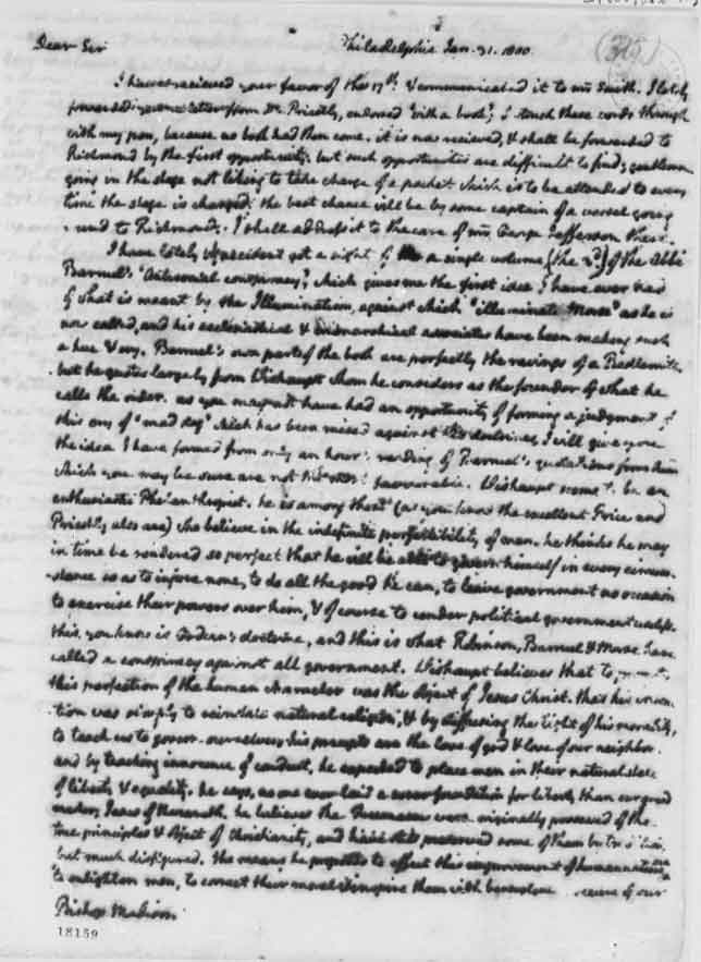 Thomas Jefferson letter to Bishop James Madison January 31, 1800