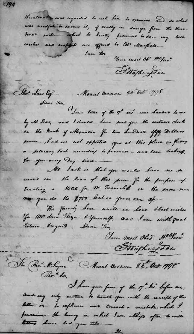 George Washington letter to George Washington Snyder October 24, 1798.